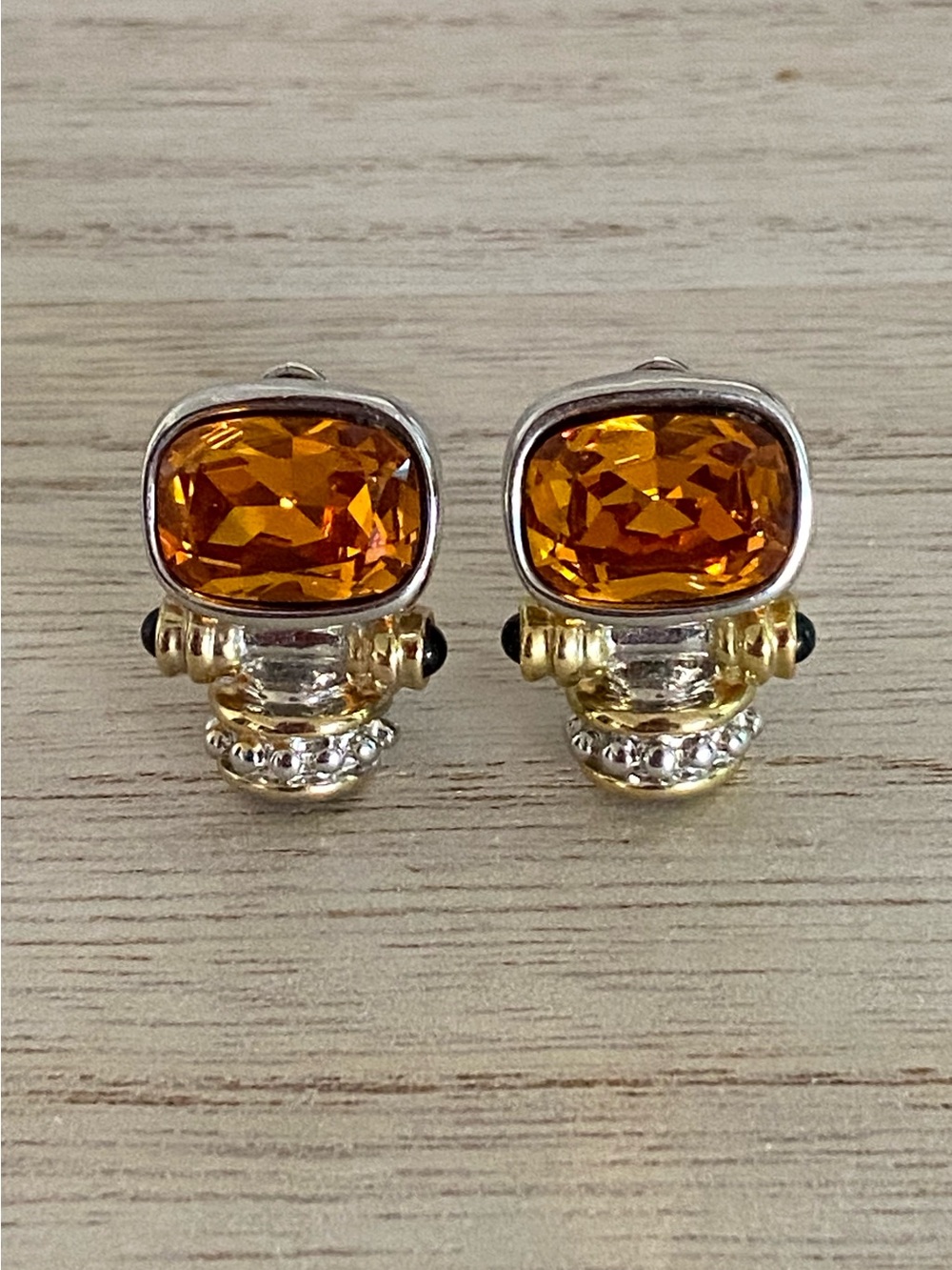 Vintage 90s Byzantine Clip-On Earrings Genuine Citrine & Onyx | Yurman Style
